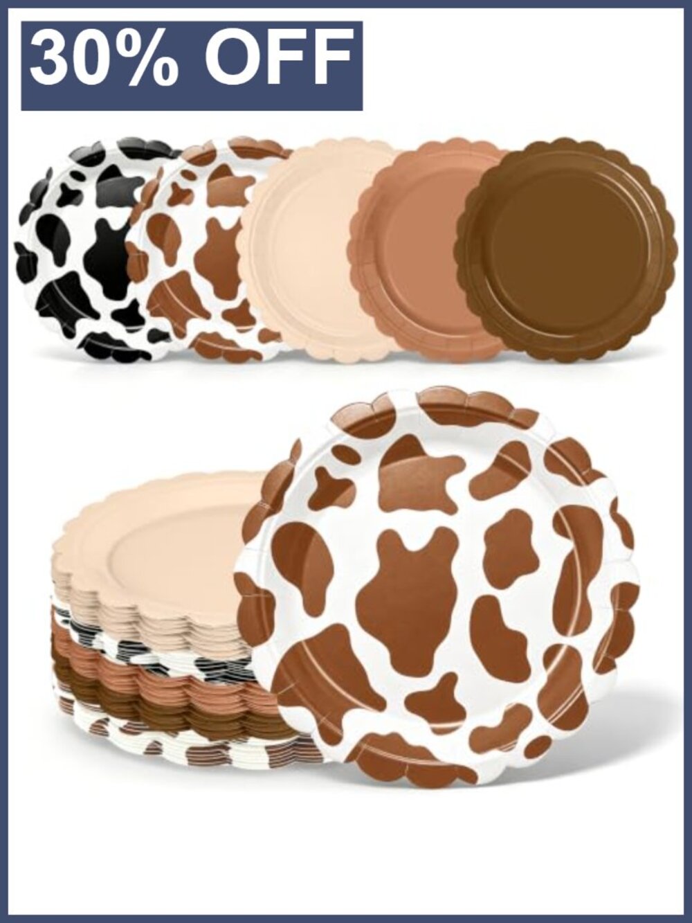 50 Pack Scalloped Paper Dessert Plates 7 Inch Cow Print Party Supplies
